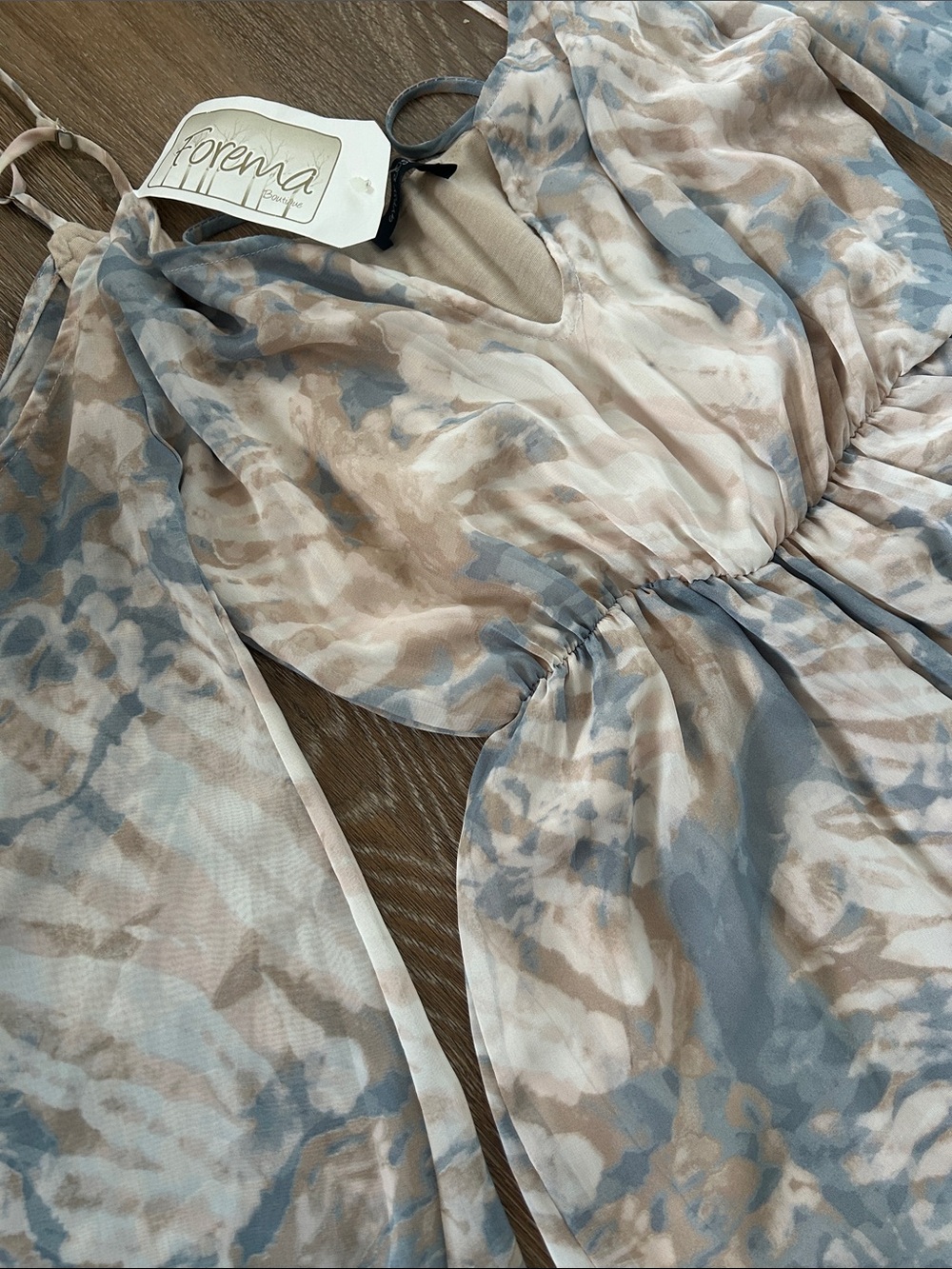 A Classy Chic Boutique Blue & Cream Tie-Dye Cold-Shoulder Romper